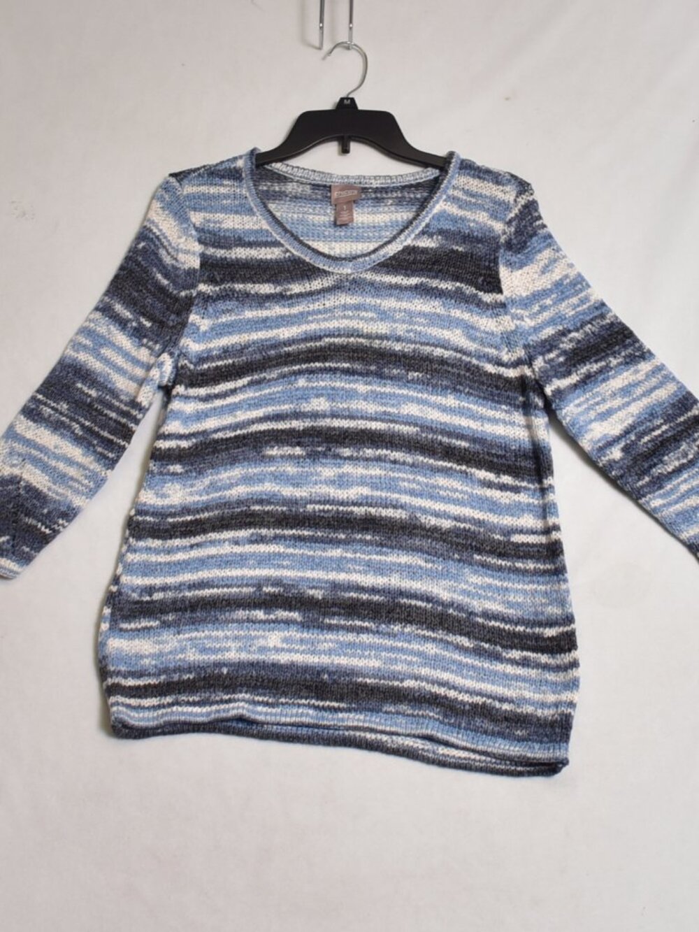 Chico's Women's Sweater Size 1 US Medium Blue Round Neck Stripes